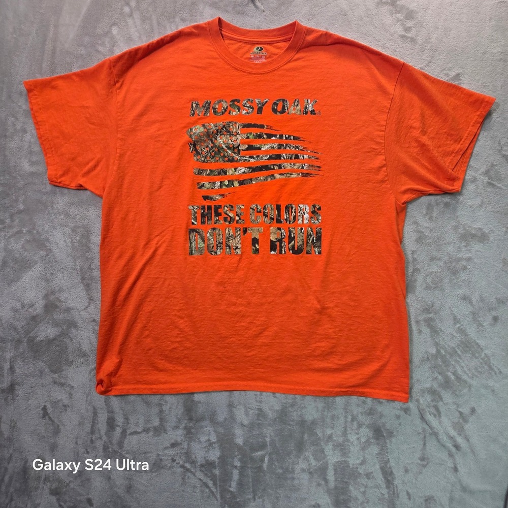 Mossy Oak Mens 2XL Hunter Orange Graphic T-Shirt These Colors Dont Run Camo Flag
